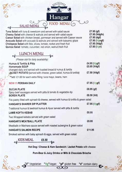 The Hangar Cafe full menu online