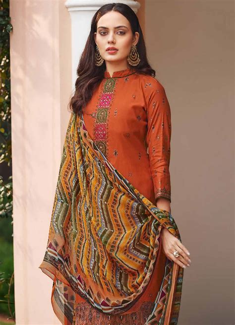 Viscose Silk Party Wear Orange Unstitched Suits Dress Material – Stilento
