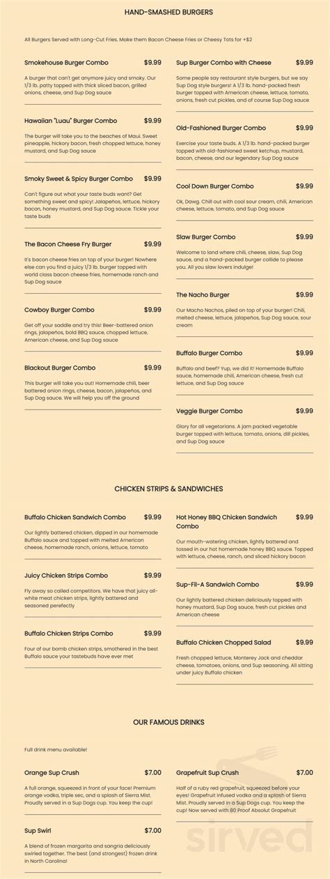 Sup Dogs menu in Chapel Hill, North Carolina, USA