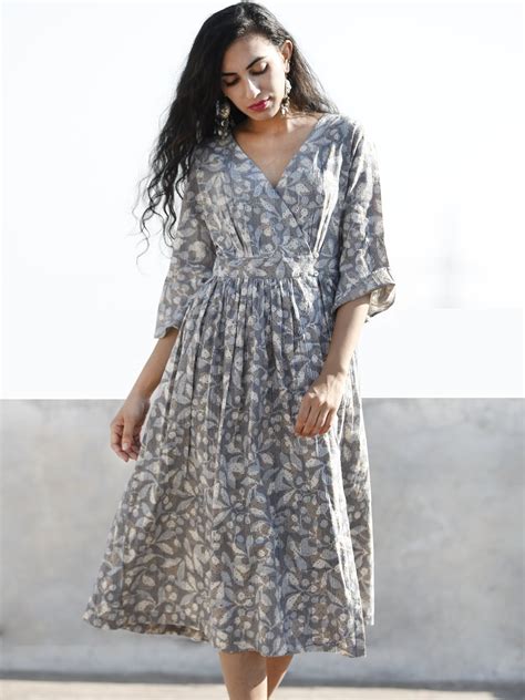 Grey Indigo Ivory Hand Block Printed Cotton Wrap Midi Dress With Bell ...
