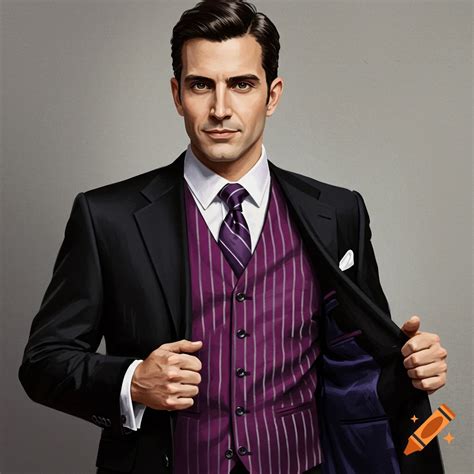 Men's black suit with purple and white striped vest on Craiyon