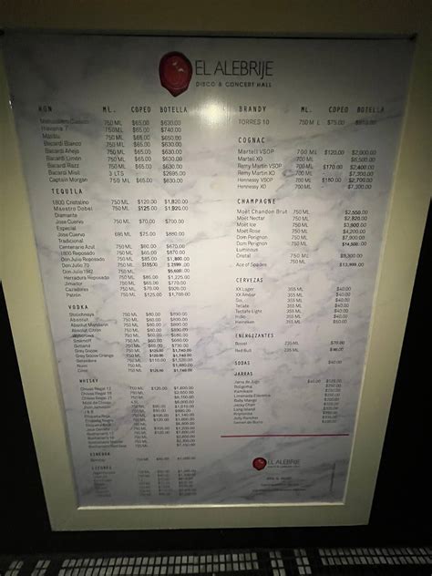 Menu at El Alebrije club, Tijuana, Via Rapida oriente