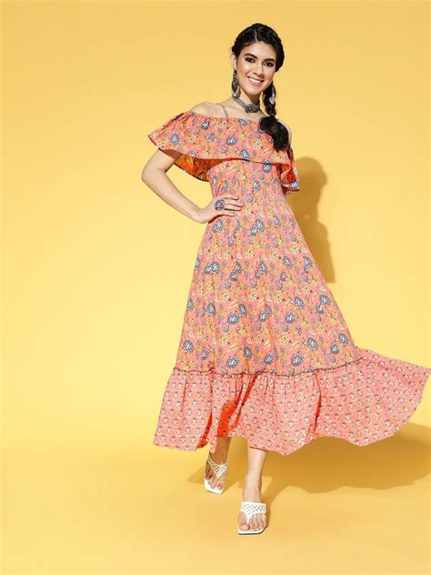 Buy Women's Peach-Coloured & Blue Floral Printed Dress Online - Yufta ...