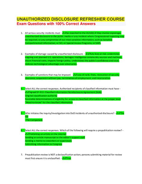 UNAUTHORIZED DISCLOSURE REFRESHER COURSE Exam Questions with 100% ...
