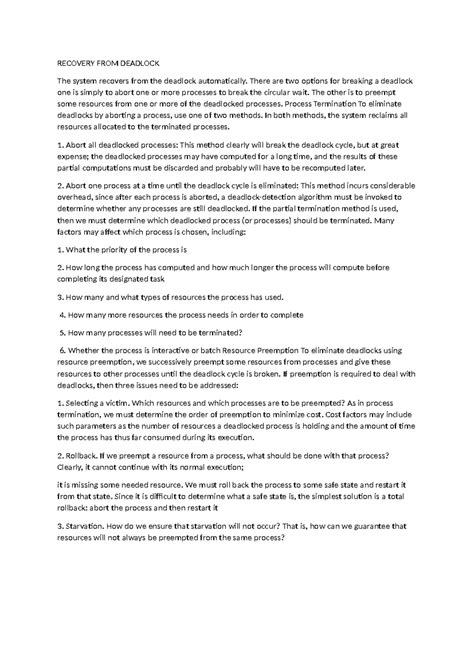 Recovery FROM Deadlock - RECOVERY FROM DEADLOCK The system recovers ...