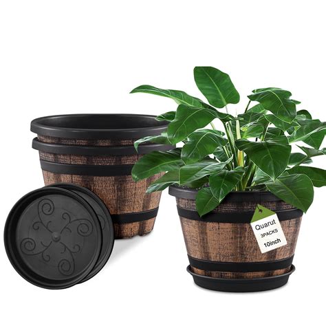 (FAIR) Quarut 3 Pack 10 inch Plant Pots,Whiskey Barrel Planters with Drainage Holes & Saucer ...