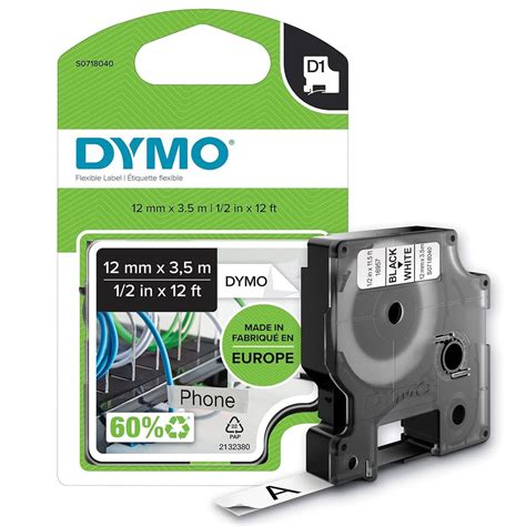DYMO AUTHENTIC D1 LABELS, 12MM X 3.5M ROLL, BLACK PRINT ON WHITE TAPE ...