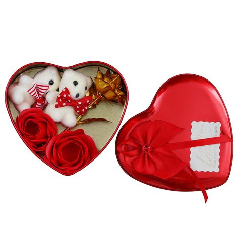 Red Heart Shaped Gift Box with 1 Golden Rose, 2 Red Roses, 1 Teddy Bear ...