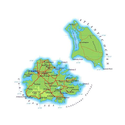 Large elevation map of Antigua and Barbuda with roads and cities ...