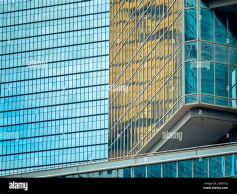Close-up view of modern Hong Kong building facades. Glass and steel ...