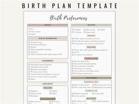 Birth Plan Template Editable Printable Birthing Plan Neutral Colors - Etsy Australia