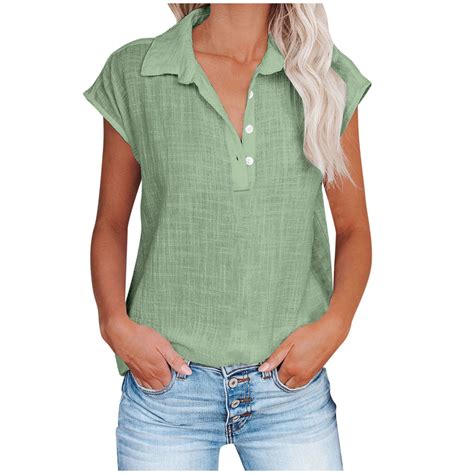 Besolor Linen Cotton Womens Short Sleeve Shirts V Neck Collared Button ...