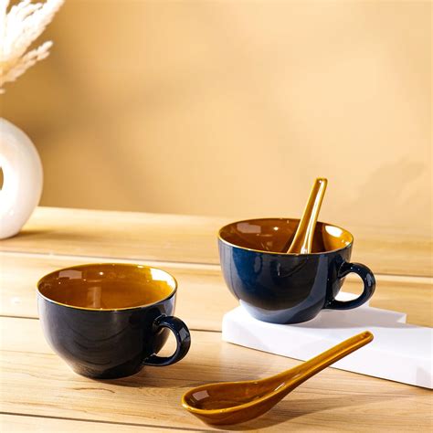 CHEENI MAATI Ceramic Soup Bowl Set with Spoons Handle Soup Bowls Coffee ...