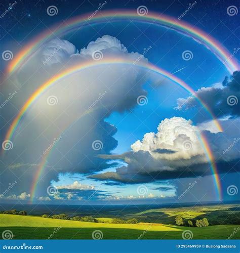 Painting of Rainbow with Clouds and Stars in the Sky and Rainbow in the Sky Stock Illustration ...