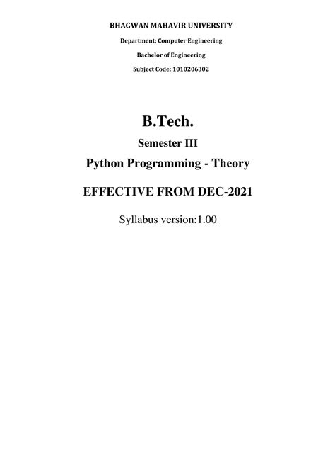 Syllabus Python Programming Theory - BHAGWAN MAHAVIR UNIVERSITY ...