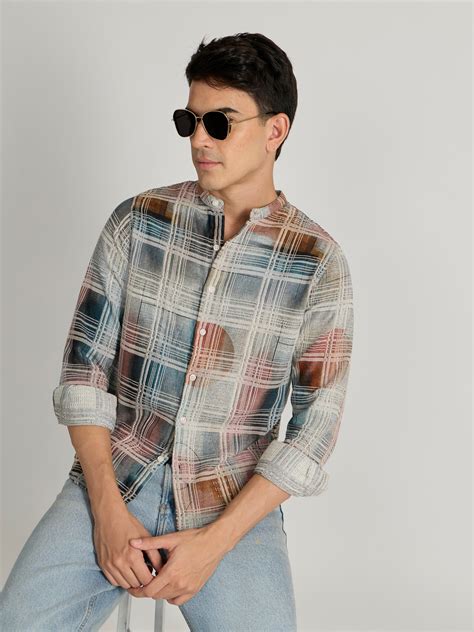 Nevan - Band Collar Checkered Print Shirt - Blue – Espanshe