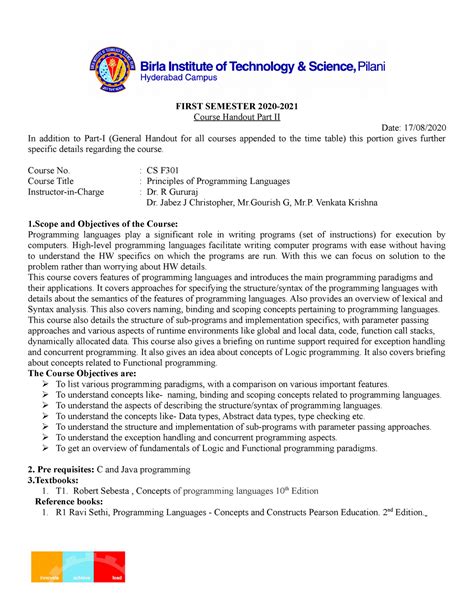 CS F301 - Course Handout - FIRST SEMESTER 2020- Course Handout Part II ...