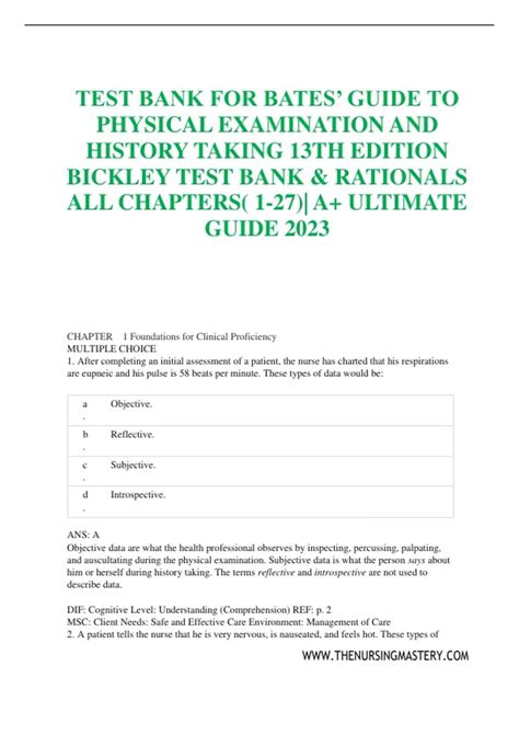 TEST BANK FOR BATES’ GUIDE TO PHYSICAL EXAMINATION AND HISTORY TAKING ...