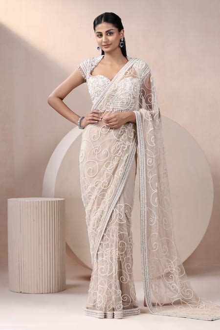 Buy Beige Net Pearls, Sequins, Beads Sweetheart Neck Embroidered Saree ...