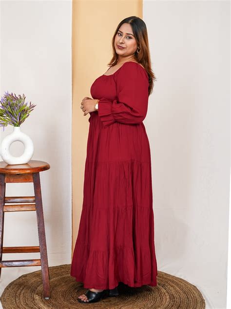Women's Plus Size Maroon Square Neck Solid Maxi Dress