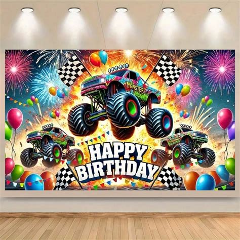 1pc Giant Monster Truck Themed Happy Birthday Banner Polyester ...