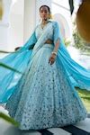 Buy Blue Organza, Taffeta Embroidery V-neck Iris Fleur Cape Lehenga Set ...