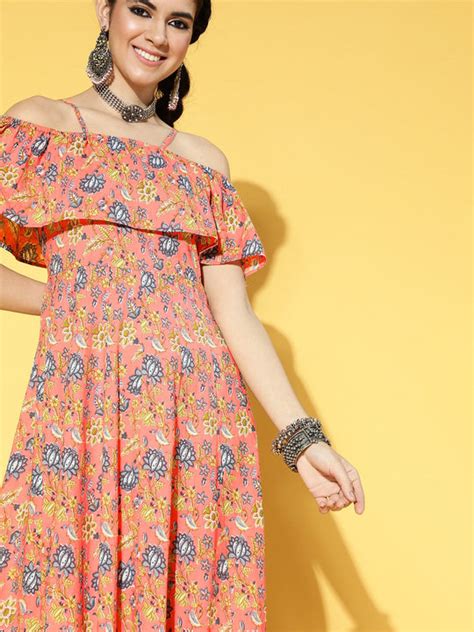 Buy Women's Peach-Coloured & Blue Floral Printed Dress Online - Yufta ...