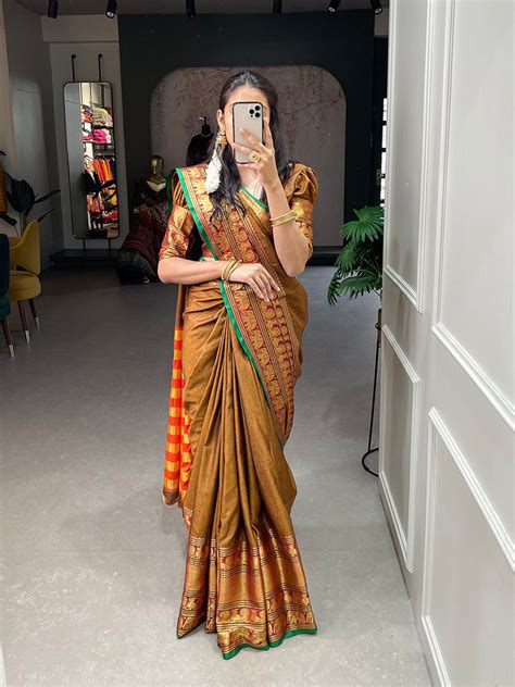 Mustard Color Zari Weaving Work Narayan Pet Saree - Clothsvi