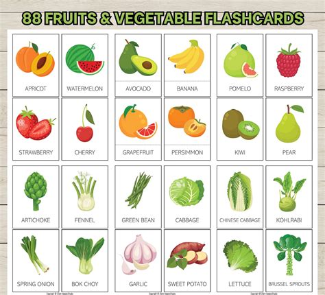 88 tarjetas de vocabulario de frutas y verduras; tarjetas imprimibles ...