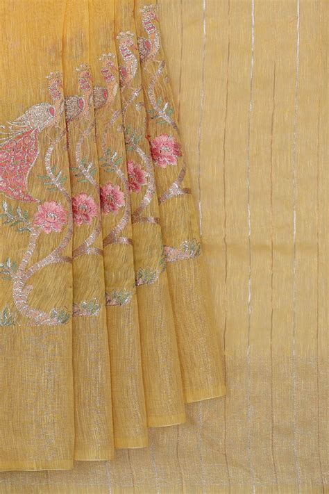 Linen Silk Yellow Embroidered Saree – Kalanjali