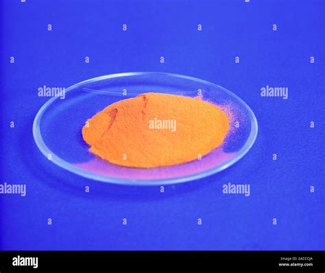 Mercury oxide powder on a watch glass. Mercury oxide (HgO) is a toxic ...
