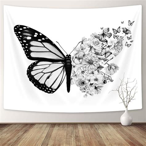 Coveimes Black White Butterfly Tapestry Wall Hanging, Full Bloom Floral ...
