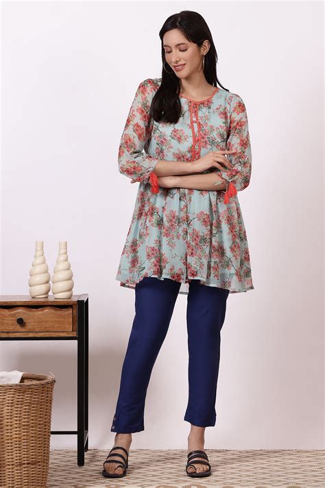 Buy Mint Green Floral Printed Gathered Short Kurti and Blue Pants Set ...