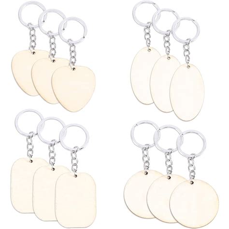 Wood Keychain Blanks, Round, Oval, Heart, and Rectangle for Crafts (12 ...