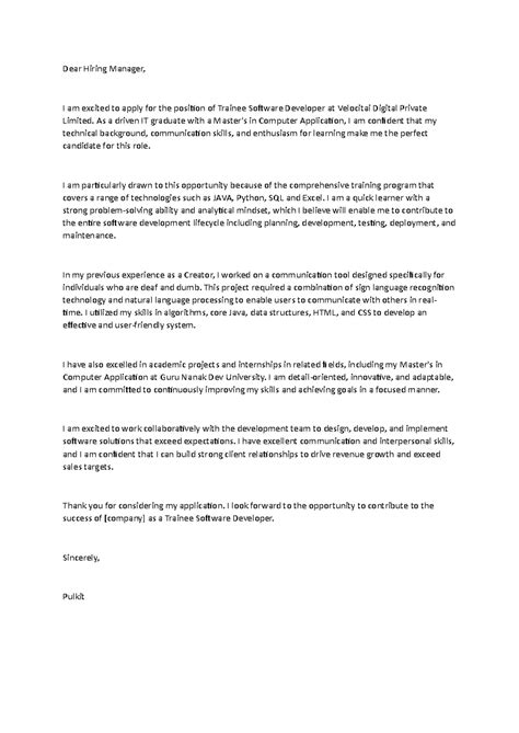 Cover Letter - Dear Hiring Manager, I am excited to apply for the ...