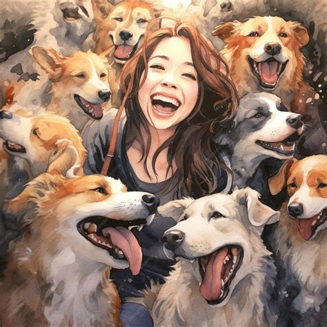 Premium AI Image | Painting of a woman surrounded by dogs with their mouths open generative ai