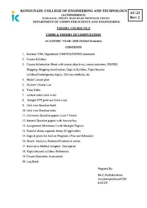 CS8501 Lesson Plan for Theory of Computation (Academic Year 2020-21 ...