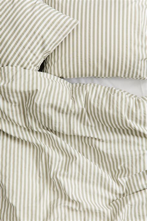 Cotton double/king duvet cover set - Sage green/White striped - Home ...
