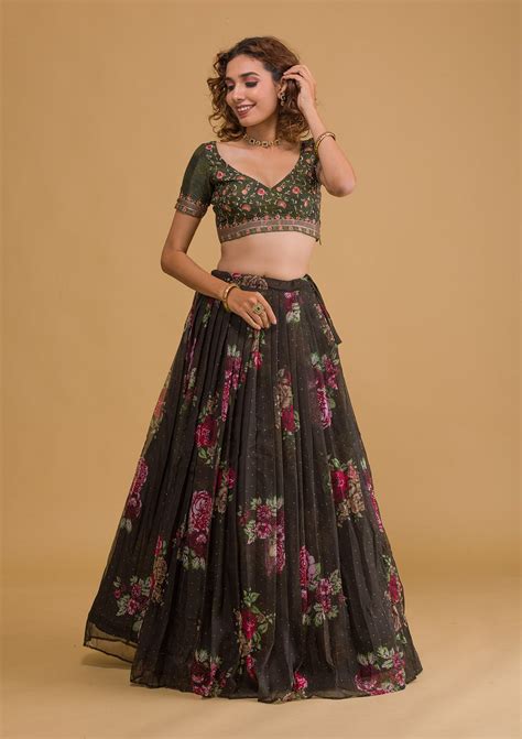 Buy Bottle Green Swarovski Tissue Semi Stitched Lehenga - Koskii