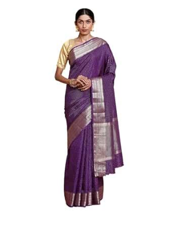 Kalyan Silks Women's Violet Golden Micro Checks Raw Silks Saree With ...