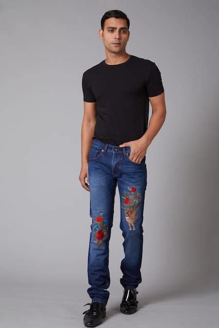 Buy Blue Denim Embroidered Eagle And Floral Motifs Jeans For Men by ...