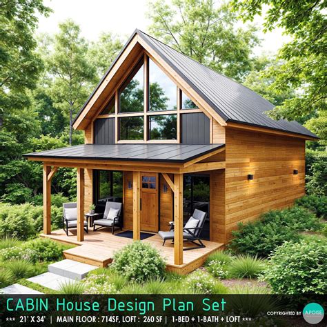 Small Cabin Plan With Loft 21'x34' House Plan Blueprint - 1 Bed With ...
