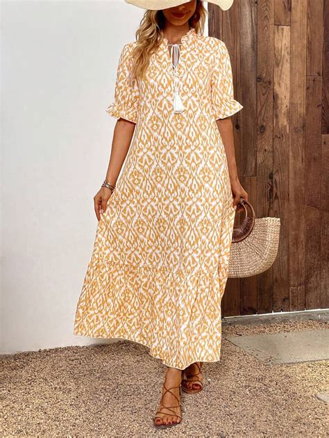 Luneh Allover Print Tie Neck Ruffle Hem Smock Dress | SHEIN USA