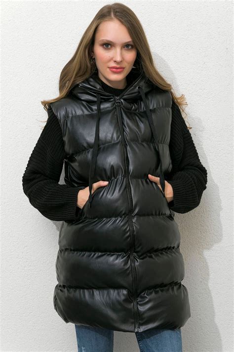 Puffy Designer Vest Leather Black Long Puffer Vest Women Puffer Vest ...