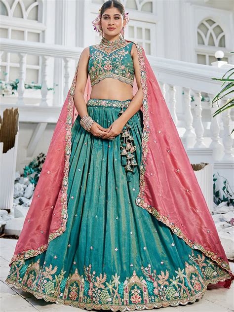 Sea Green Golden Satin Lehenga Choli Set with Embroidered Du