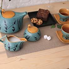 Caffeine Ceramic Handmade Stoneware Golden Turquoise Tea Set (Set of 15 ...