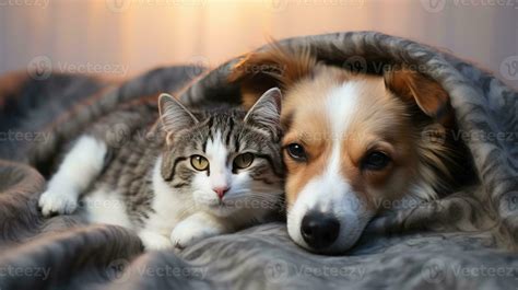 Cute cat and dog lying together on bed at home. Pet care concept. AI Generated. 33096347 Stock ...