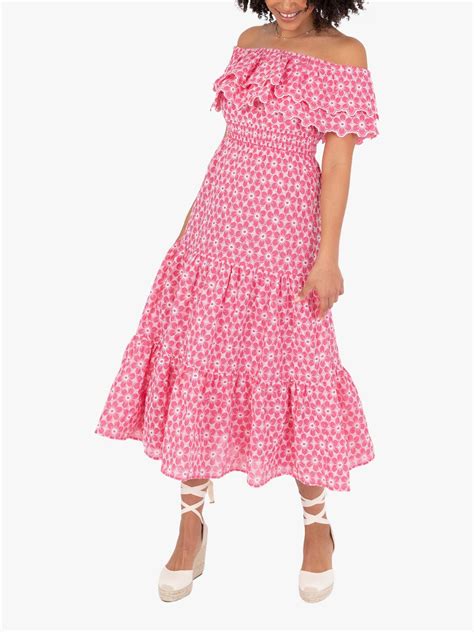 Lovedrobe Bardot Neck Floral Embroidered Cotton Midi Dress, Pink/White