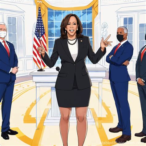 draw kamala harris in the white house as president wearing a black and white short dress ...
