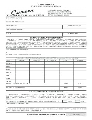 Fillable Online TIME SHEET TYPE OR PRESS FIRMLY bEMPLOYEE AGREEMENTb bb ...